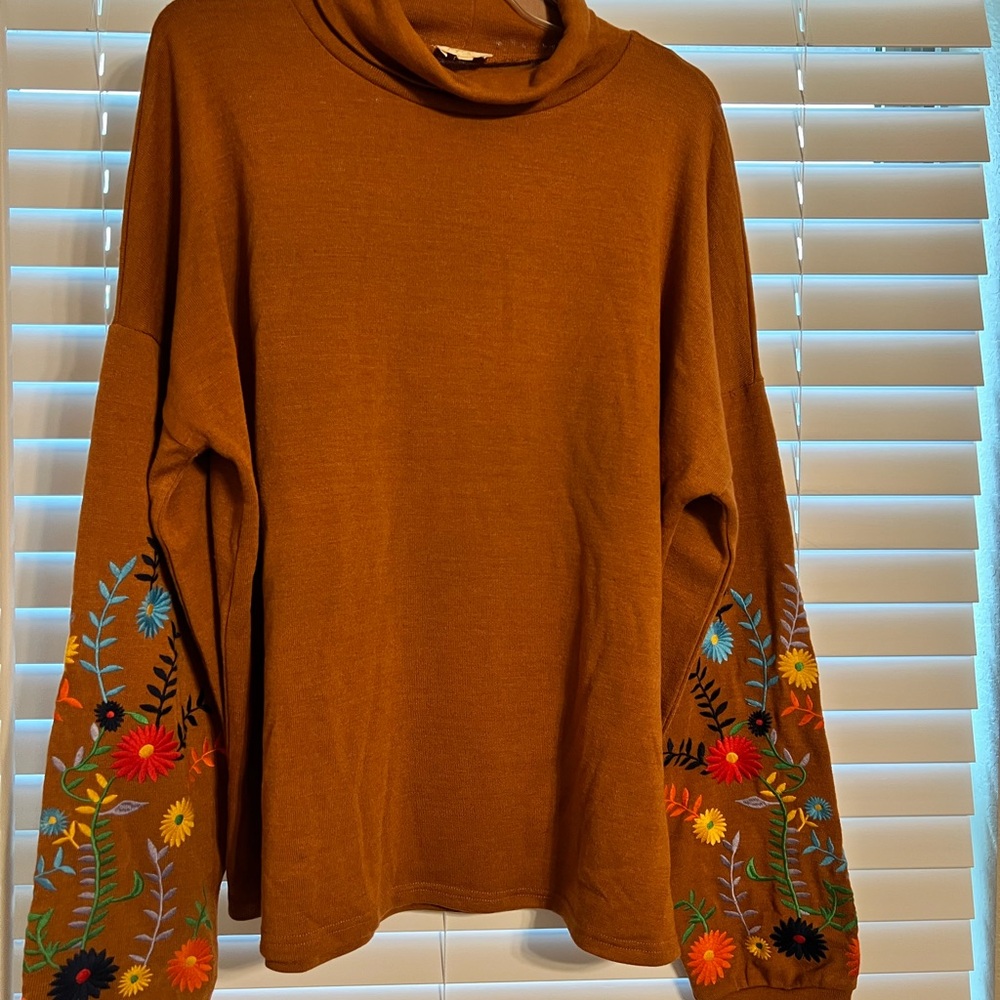 Embroidered Floral Cowl Neck Sweater - Brown